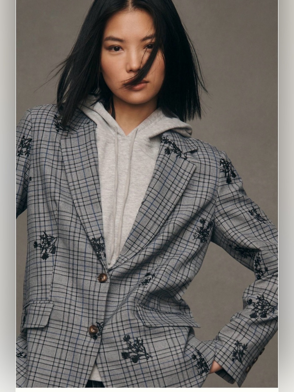 Anthropologie Gray Plaid Blazer with Black Floral Embroidery